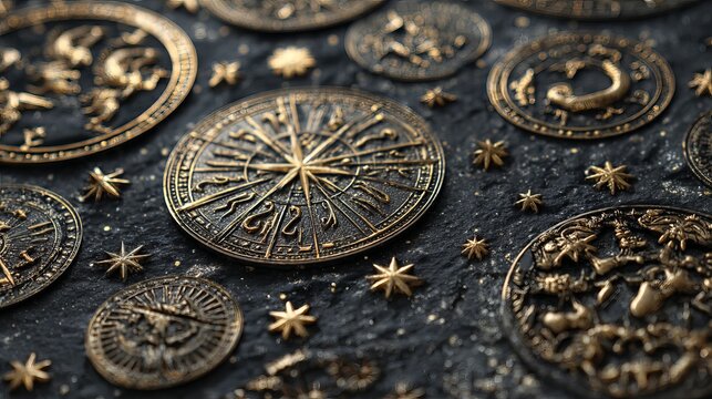 Astrology symbols, stars, and horoscopes are shown on a dark background.