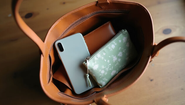 Open tote bag with smartphone, patterned pouch and wallet inside. Woman everyday carryall organized with essential personal items on wood surface.