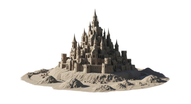 Intricately designed sand castle on isolated transparent background with towers and battlements