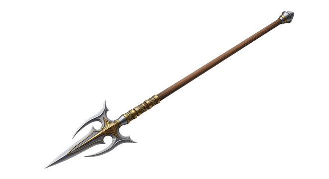 A fantasystyle war hammer with a long wooden handle and silver and gold accents isolated on transparent background