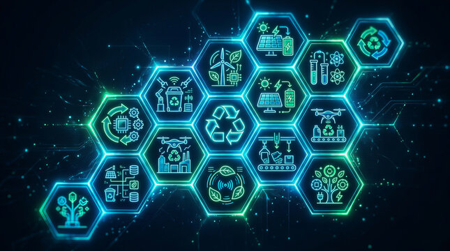 Futuristic digital hexagonal grid displaying glowing green and blue icons representing renewable energy, recycling, and sustainable technology concepts.