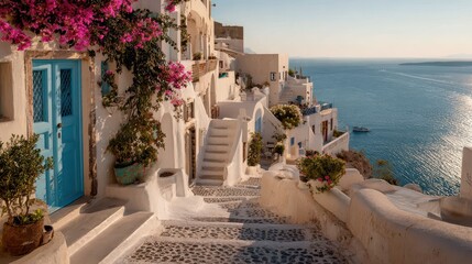 Obraz premium Coastal Greek island scene: whitewashed houses, blue accents, bougainvillea, and winding stairs