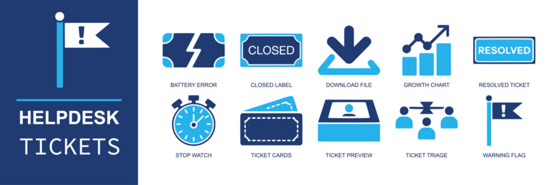 Helpdesk tickets icon set. Containing battery error, closed label, download file, growth chart, resolved ticket, stop watch, ticket cards, preview, triage and more. Solid fill vector icons.