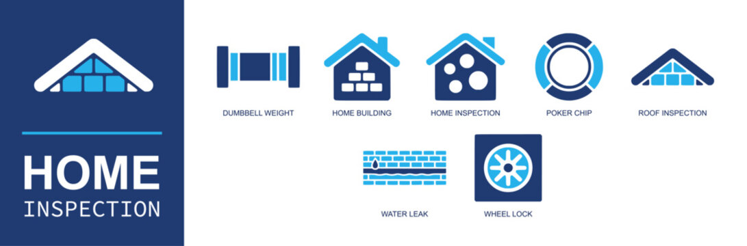 Home inspection icon set. Containing pipe, dumbbell, home building, home inspection, poker chip, roof inspection, water leak, wheel lock, structure, repair and more. Solid fill vector icons.