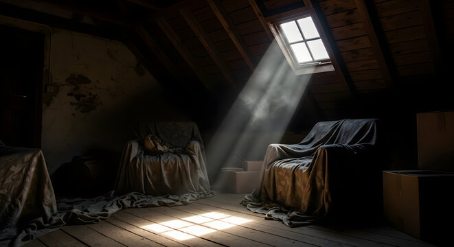 Sunlight streaming through window in abandoned attic, illuminating dust and forgotten furniture. Concept of nostalgia, decay, or hidden stories waiting to be discovered.
