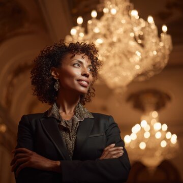 Confident Black Woman Senior Executive Posing in Elegant Hotel Conference Room with Warm Chandelier Light