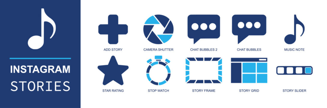 Social stories icon set. Containing add story, camera shutter, chat bubbles, music note, star rating, stop watch, story frame, story grid, story slider and more. Solid fill vector icons.