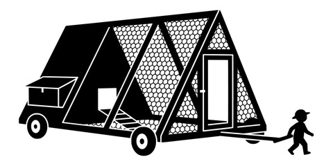 Mobile Chicken Coop A-Frame Tractor with Child Silhouette, Portable Poultry Ark for Backyard Farming and Homesteading, Vector Illustration Icon © prettygfx