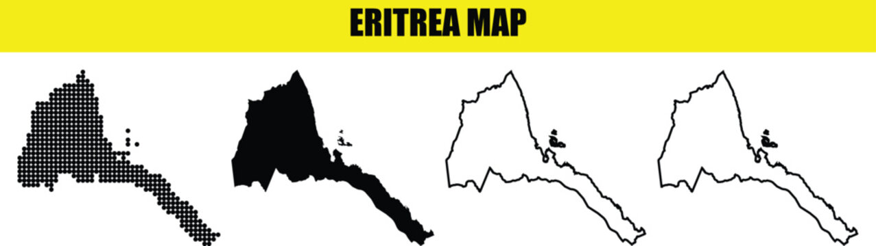 Four variations of eritrea map including dotted, solid black, and outline styles