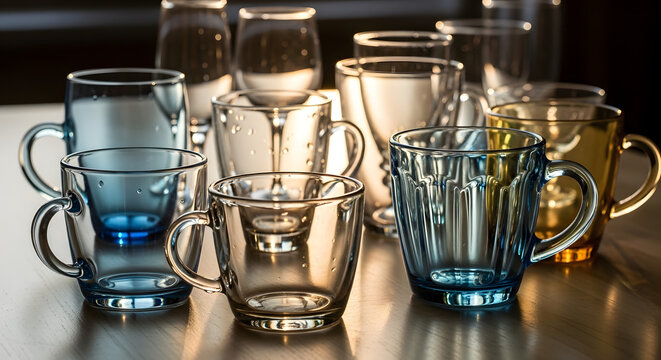Assorted colorful glass cups and mugs arranged artfully on table. Concept of beverage presentation, dinnerware aesthetics, or tabletop styling. Useful for articles on home decor and entertaining.
