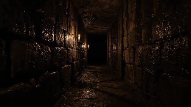 Dimly lit, stone corridor with candle holders. Deep shadows and dark ambiance