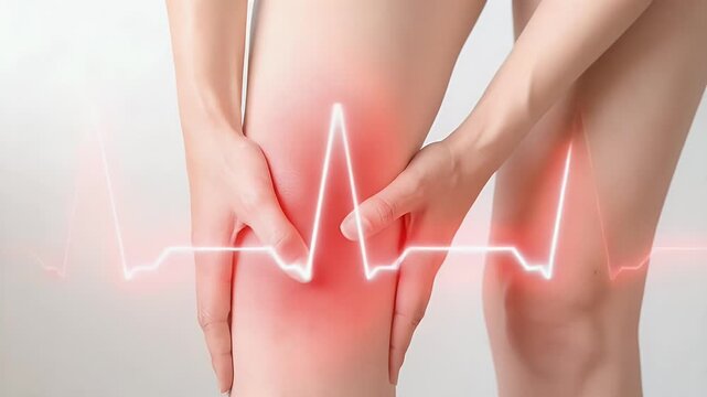 Knee pain concept, woman holding injured knee with red glow and heartbeat line, medical pain relief and healthcare treatment