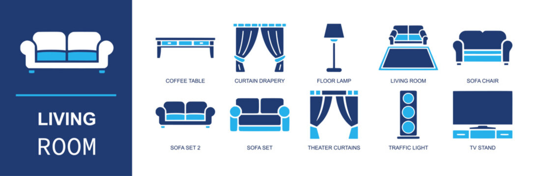 Living room icon set. Containing coffee table, curtain drapery, floor lamp, sofa chair, sofa set, theater curtains, traffic light, tv stand, decor and more. Solid fill vector icons.