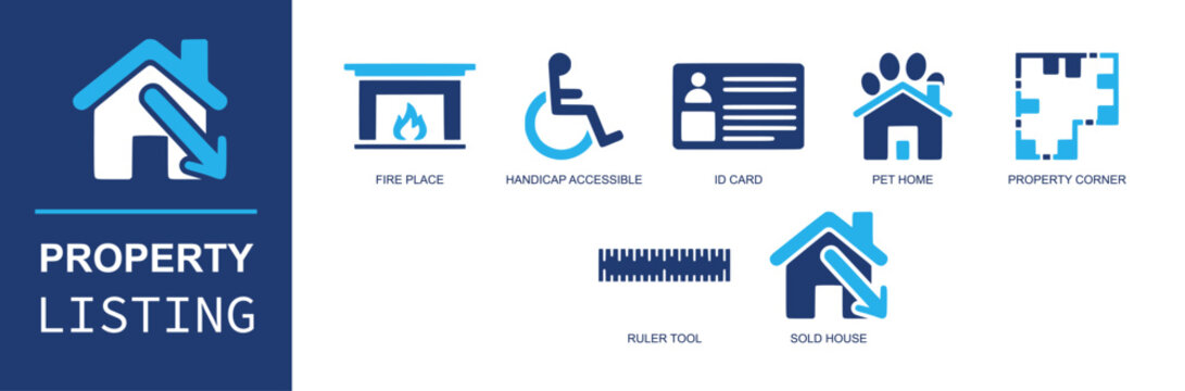 Property listing icon set. Containing fire place, handicap accessible, id card, pet home, property corner, ruler tool, sold house, real estate, listing and more. Solid fill vector icons.