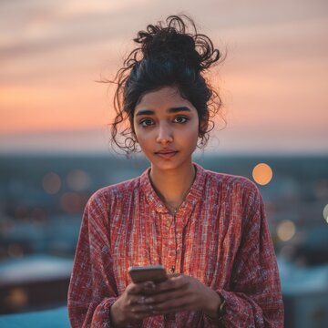 Young South Asian female entrepreneur using social app on smartphone at rooftop during warm dusk light