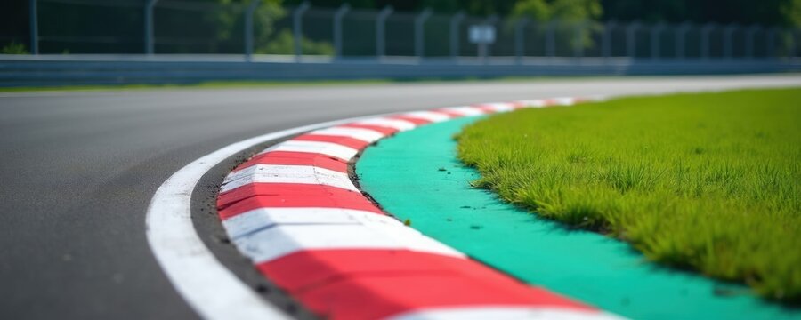 Empty racetrack curve with red and white curb and green grass verge. Asphalt track for racing and speed events. Motorsport circuit background.