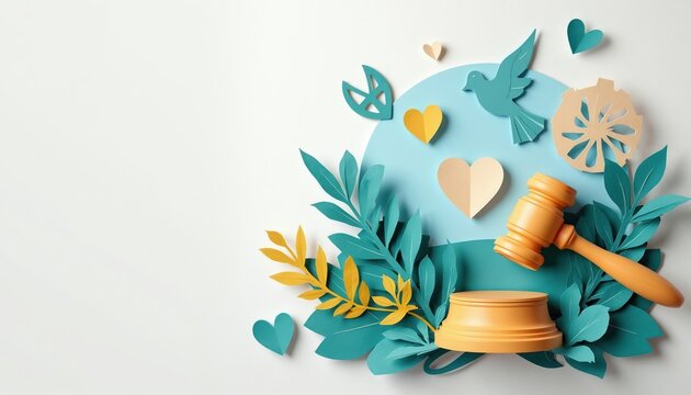Paper art gavel and dove symbol with leaves and hearts on blue background. Represents justice peace and human rights. Ideal for social causes.