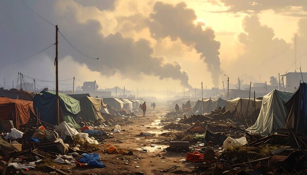 A desolate vista of a shanty town under a smoky, cloudy sky, with tents, debris, and individuals walking