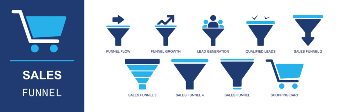 Sales funnel icon set. Containing funnel flow, funnel growth, lead generation, qualified leads, sales funnel, shopping cart, conversion, awareness and more. Solid fill vector icons.