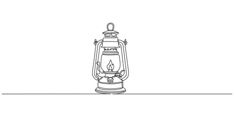 Abstract vintage kerosene lamp or lantern , continuous one line art hand drawing sketch, Kerosene lantern one line continuous. Line art paraffin lamp. Hand drawn vector art, Camping backpack vector. © Shovo