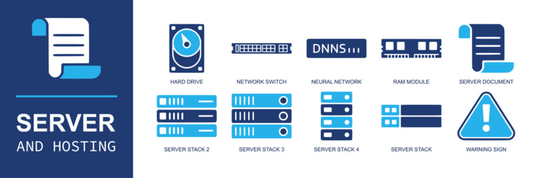 Server hosting icon set. Containing hard drive, network switch, neural network, ram module, server document, server stack, warning sign, data center and more. Solid fill vector icons.