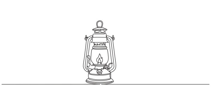 Abstract vintage kerosene lamp or lantern , continuous one line art hand drawing sketch, Kerosene lantern one line continuous. Line art paraffin lamp. Hand drawn vector art, Camping backpack vector.