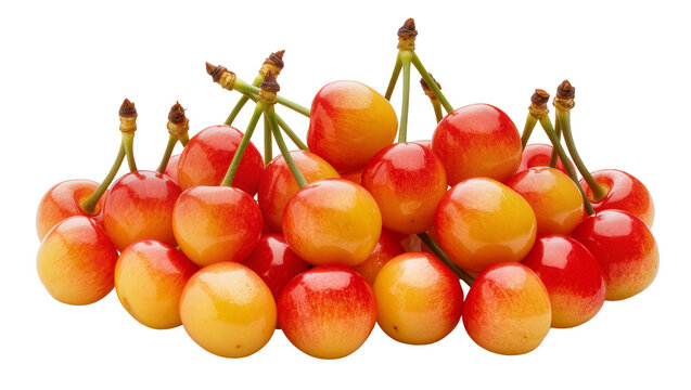 Pile of ripe Rainier cherries with stems, isolated on transparent background