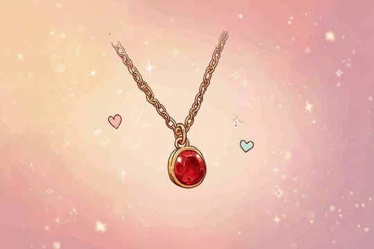 Delicate red gemstone pendant necklace depicted in cheerful illustration with gold chain