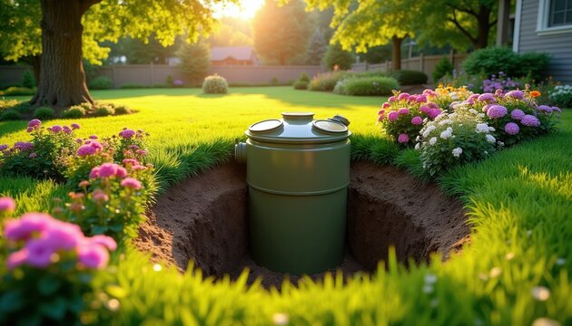 Green septic tank installed in backyard garden. Residential sewer system below green grass lawn. Home sanitation infrastructure for waste management.