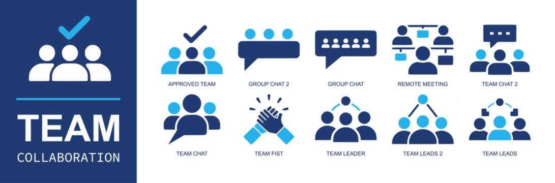 Team collaboration icon set. Containing approved team, group chat, remote meeting, team chat, team fist, leader, team leads, members, communication, unity and more. Solid fill vector icons.