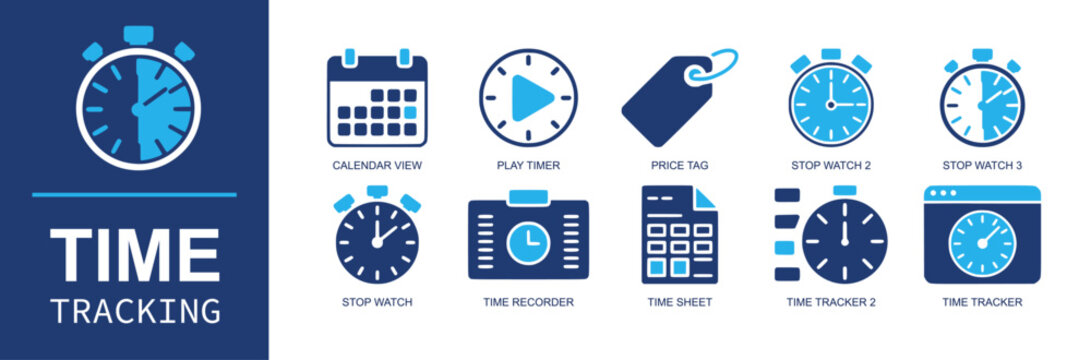 Time tracking icon set. Containing calendar view, play timer, price tag, stop watch, time recorder, sheet, time tracker, productivity, hours, schedule and more. Solid fill vector icons.