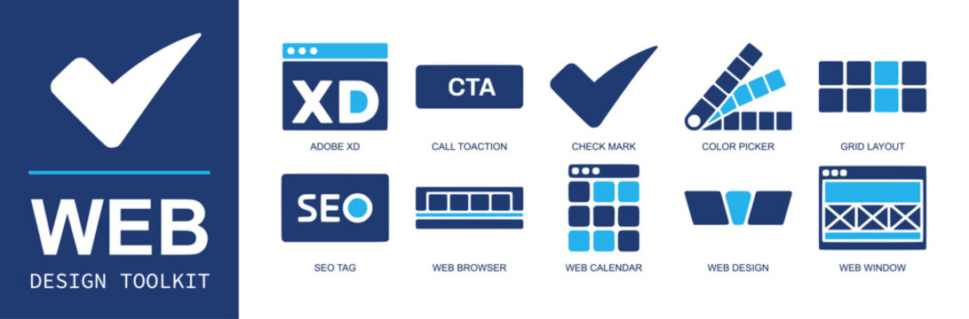 Web design toolkit icon set. Containing design app, call to action, check mark, color picker, grid layout, seo tag, web browser, web calendar, web window and more. Solid fill vector icons.