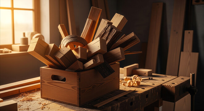 Natural wood scraps and offcuts overflowing from a rustic wooden box on a workbench, bathed in warm workshop light.
