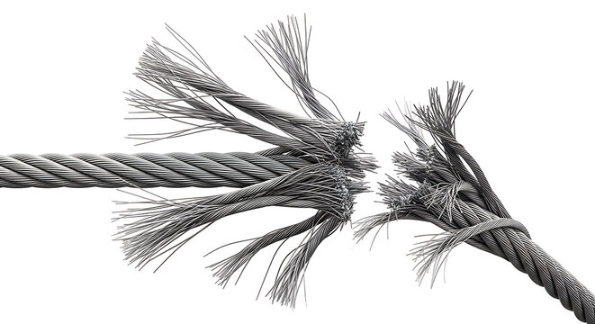 Torn steel wire rope isolated on white background, showing fraying and breakage