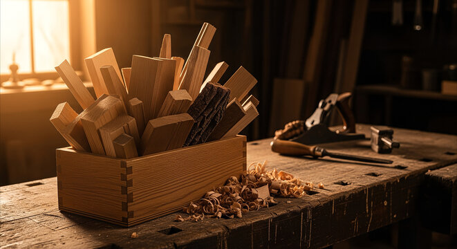Wood scraps in box on workbench, carpentry tools and shavings, warm golden hour light, rustic workshop atmosphere