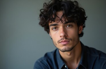 Fototapeta premium Close up portrait of young man with curly dark hair. He has brown eyes and wears a blue shirt. His face shows a thoughtful, introspective expression against a grey backdrop.