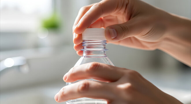 Hands unscrewing a clear plastic water bottle cap, close-up in a bright, minimalist kitchen setting with copy space