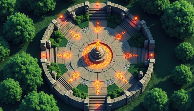 Circular stone arena with glowing symbols and central fountain surrounded by green trees. Aerial view of a fantasy game battle map location.