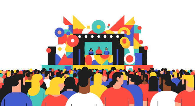 Vibrant music festival crowd illustration with colorful stage