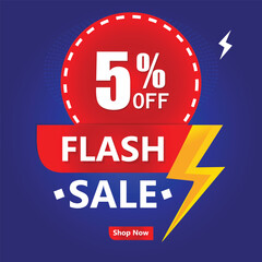 Fototapeta premium Bright blue and red promotional banner for a 5% off flash sale. Features a yellow lightning bolt and a 'Shop Now' button for e-commerce marketing.