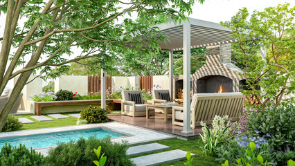 Obraz premium Modern luxury pergola in backyard garden with outdoor seating area and small swimming pool, 3D Rendering