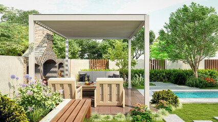 Fototapeta premium Modern luxury pergola in backyard garden with outdoor seating area and small swimming pool, 3D Rendering