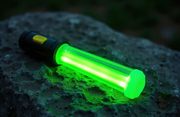 Naklejka premium Green glow stick rests on textured rock surface in dim light. Useful tool for night outdoor activities providing emergency illumination and signaling.