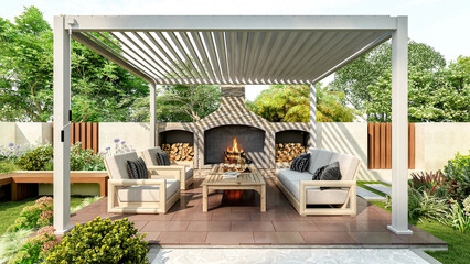 Fototapeta premium Modern luxury pergola in backyard garden with outdoor seating area and small swimming pool, 3D Rendering