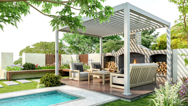 Modern luxury pergola in backyard garden with outdoor seating area and small swimming pool, 3D Rendering