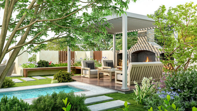 Modern luxury pergola in backyard garden with outdoor seating area and small swimming pool, 3D Rendering