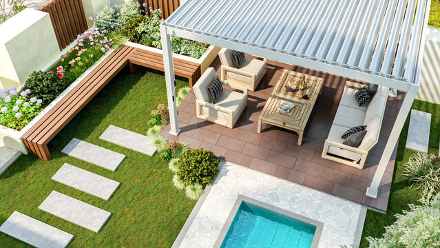 Modern luxury pergola in backyard garden with outdoor seating area and small swimming pool, 3D Rendering