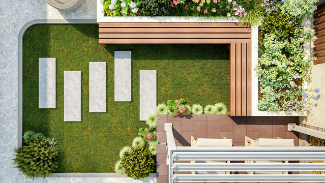 Top view of modern garden design with stone walkway, wooden bench and garden patio with pergola, 3D Rendering