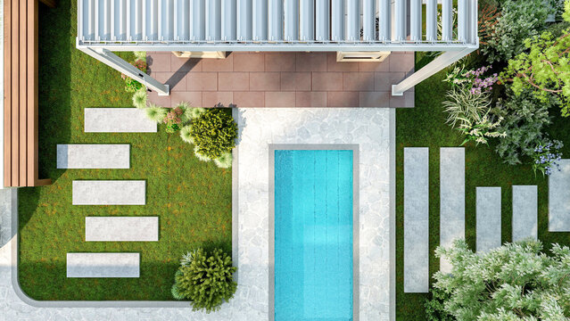 Top view of luxury swimming pool and garden patio with pergola, 3D Rendering