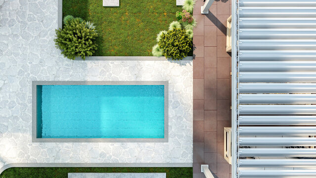 Top view of luxury swimming pool and garden patio with pergola, 3D Rendering